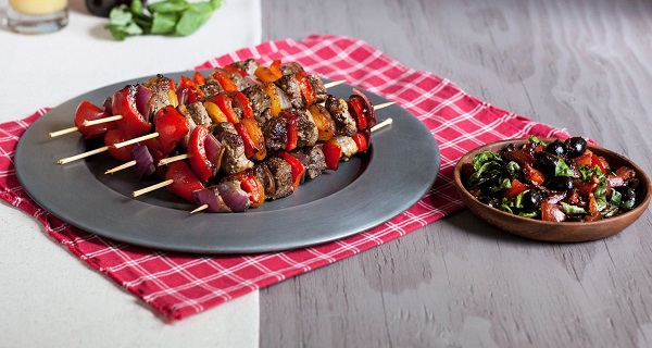 MONTREAL STEAK SKEWERS WITH TOMATO OLIVE RELISH