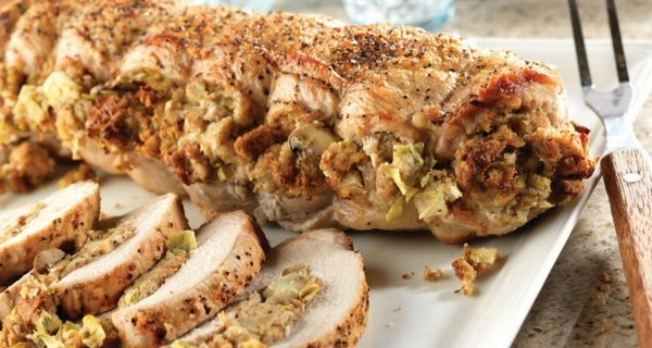 Stuffed Pork Roast with Herb Seasoned Artichoke & Mushroom Stuffing
